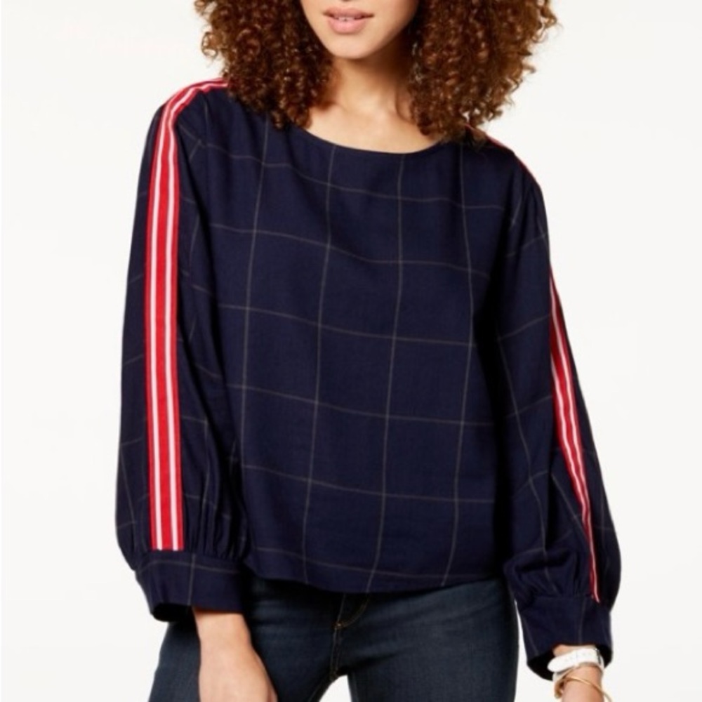 Macys Seven Sisters Striped-Sleeve Top (Blue/White/Yellow, Size M)